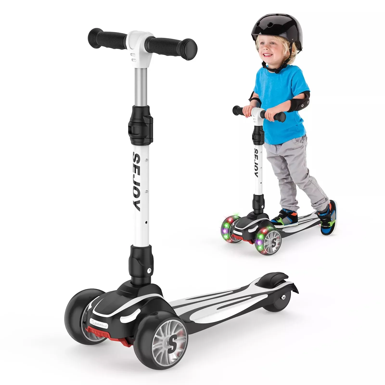 Sejoy Scooter infantil dobrável com 3 rodas, scooter de brinquedo infantil extra largo com altura/guiador ajustável e