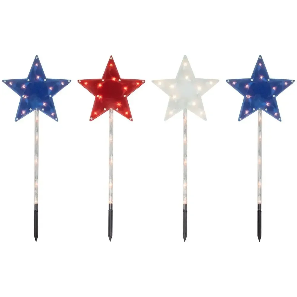 Patriotic Americana Star Pathway Marker Lights Set of 4 Clear Mini Bulbs UL Certified Festive Holiday Decor