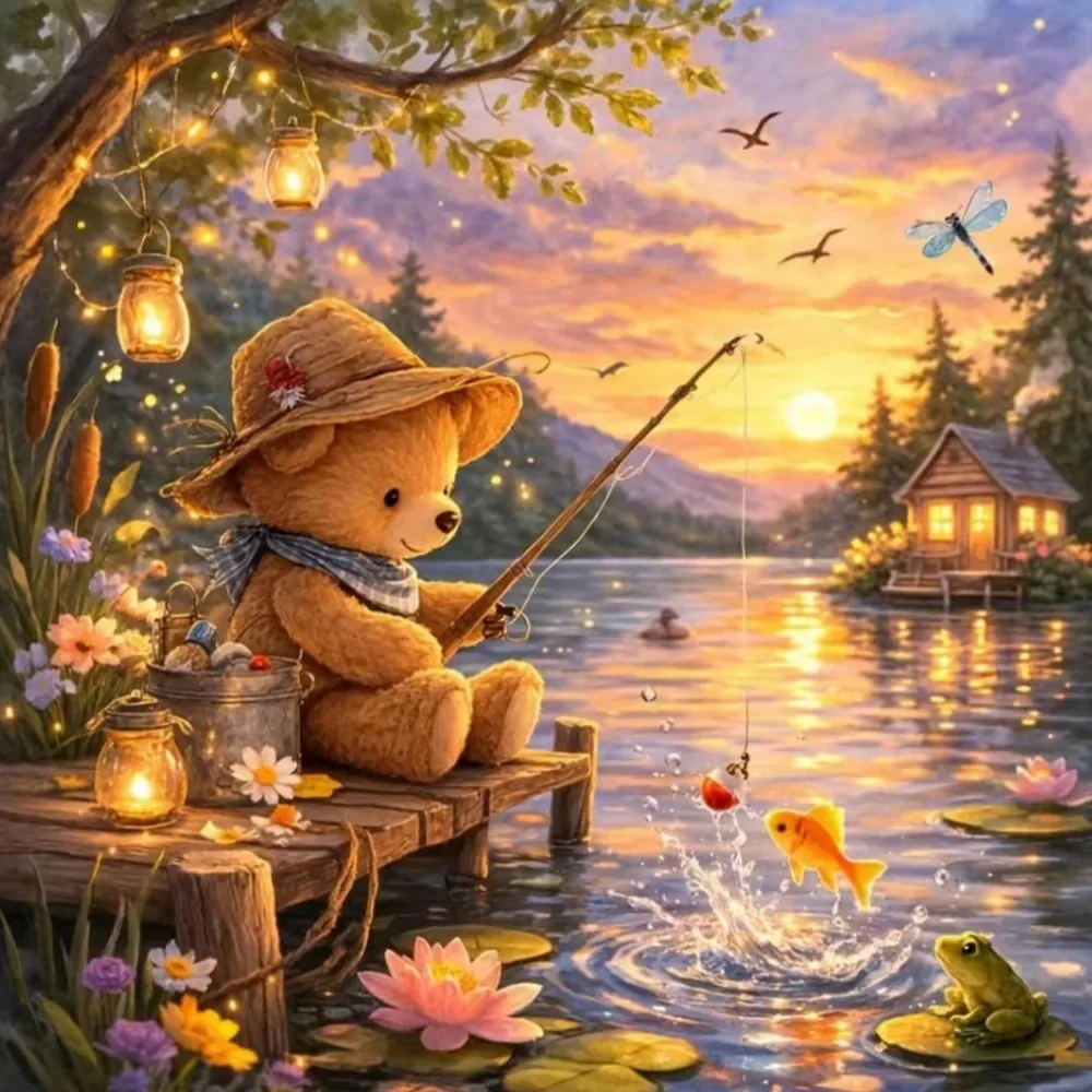 Jigsaw Puzzle 500/1000Pieces Teddy Bear Fishing Pattern Paper Puzzles Adult Present Portable Box for Family Games Educational
