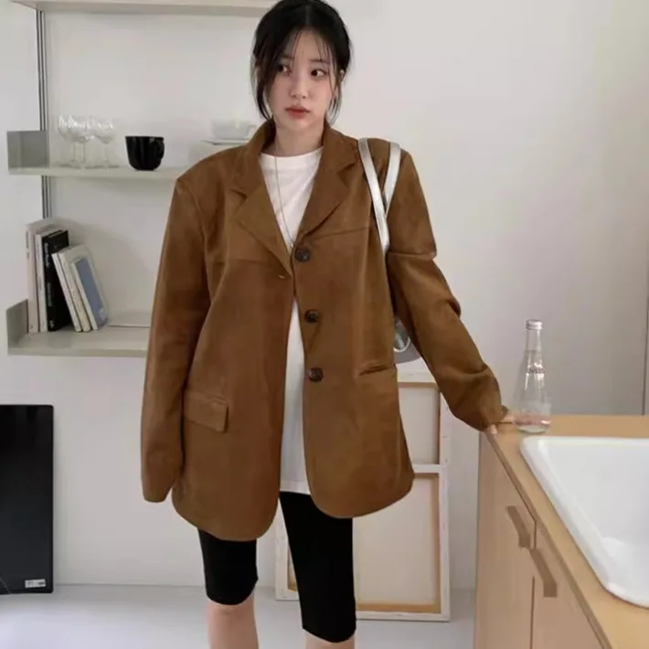 

Autumn Vintage Suede Jacket Women Mid-Length Business Casual Coat Coffee Color American Style Tweed Inspired Slim Fit Outerwear
