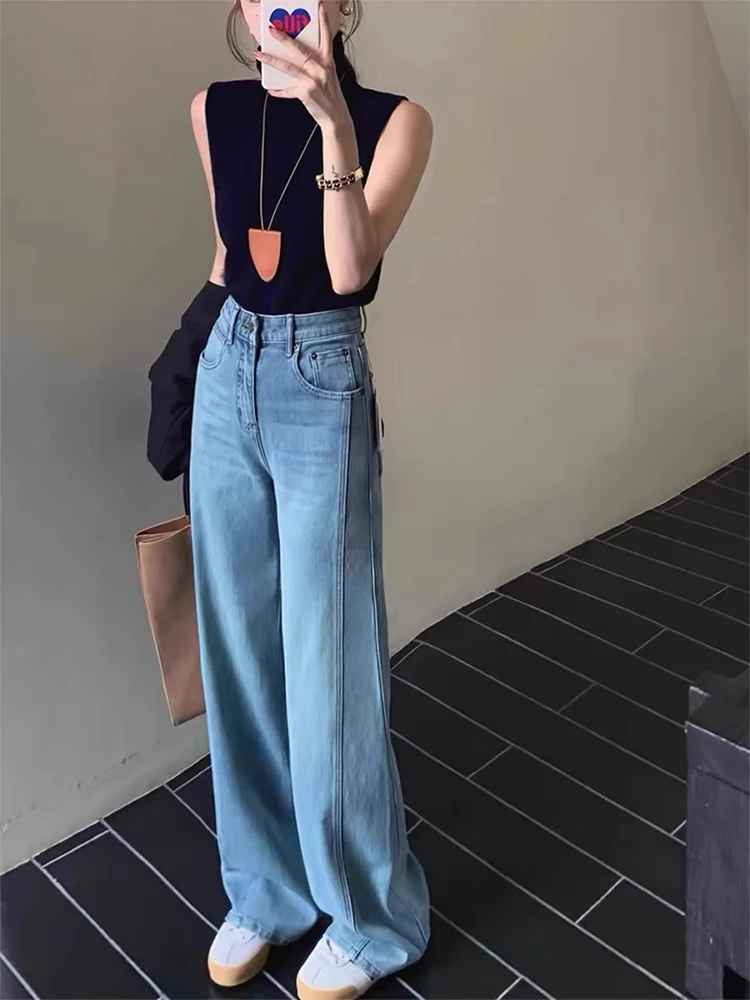 

Свободные джинсы с высокой талией и широкими штанинами для женщин, синие, из денима, весна-осень, большие размеры, для фигуры типа «груша», прямые свободные джинсы