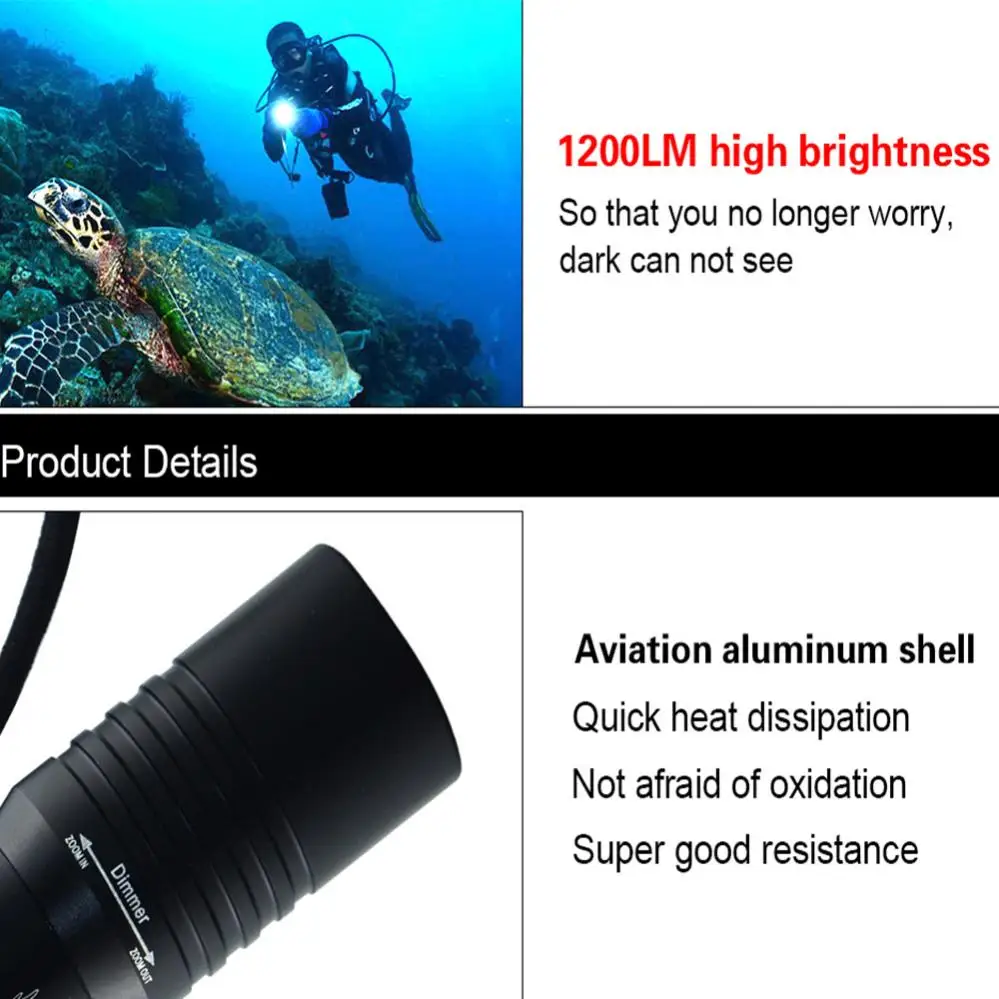 Mini Diving Flashlight Underwater 30m Rotate Focus Zoom XML T6 LED Diving Torch Bright IPX8 Waterproof Dive Light Lamp 18650