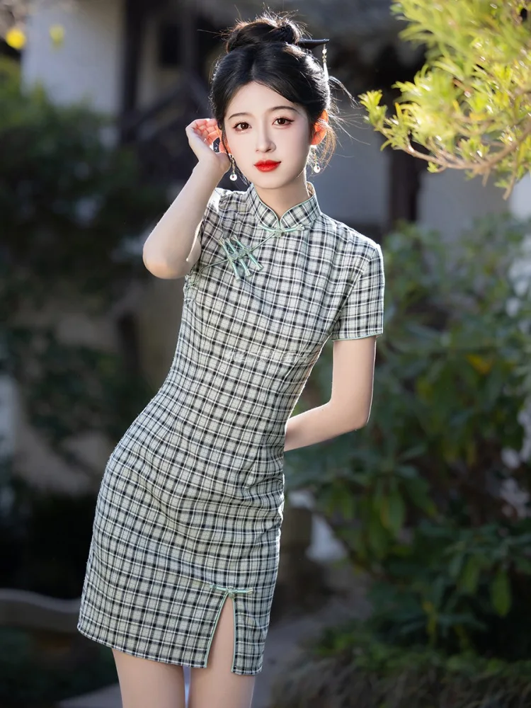 

een Plaid ort Sle Student Fre Girl Aosphere Retro Summer 2025 Breathable Polyester Fiber Low Slit Skirt