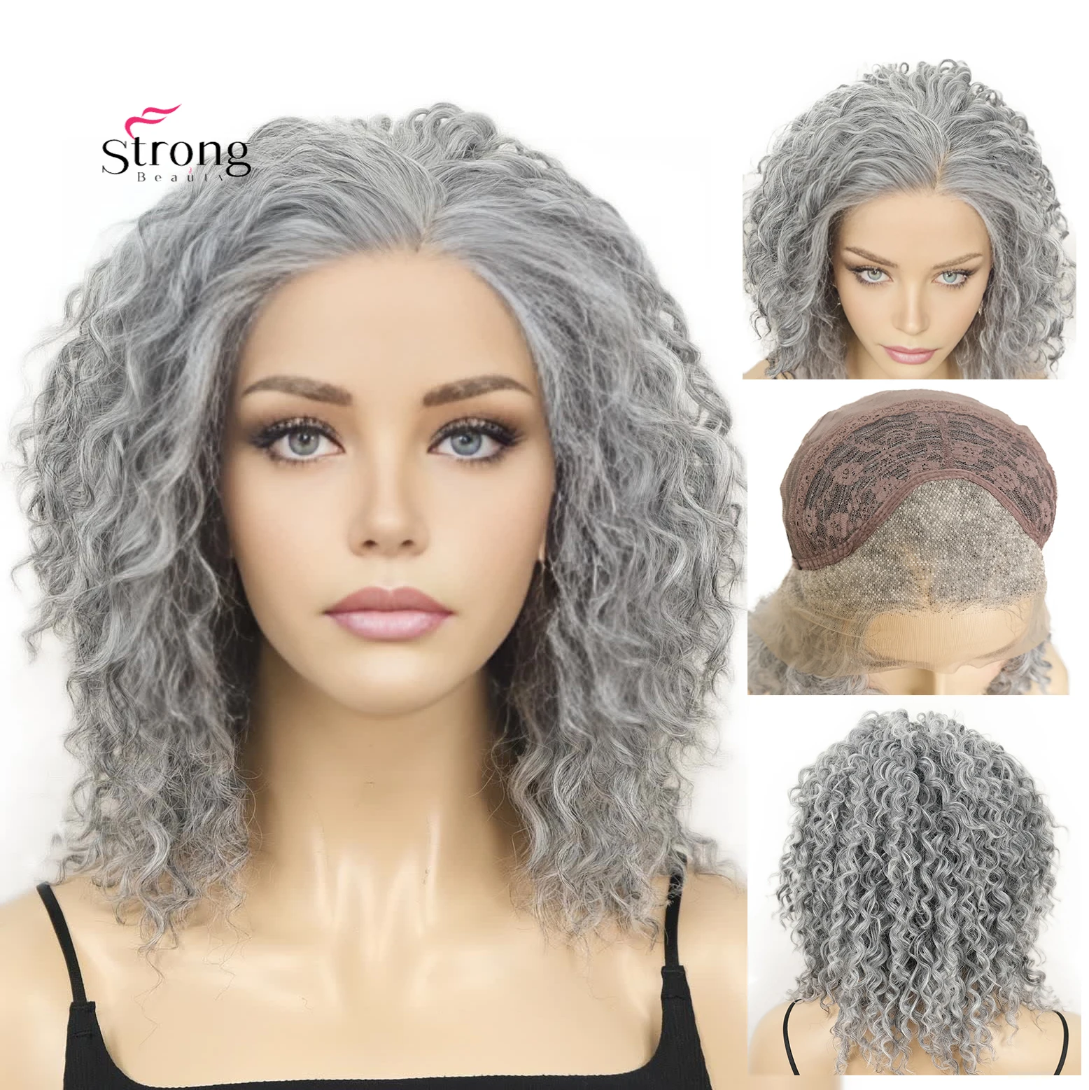 StrongBeauty lange blonde ombre kinky krullende lange pruik met kanten voorkant, hittebestendige synthetische kanten pruiken