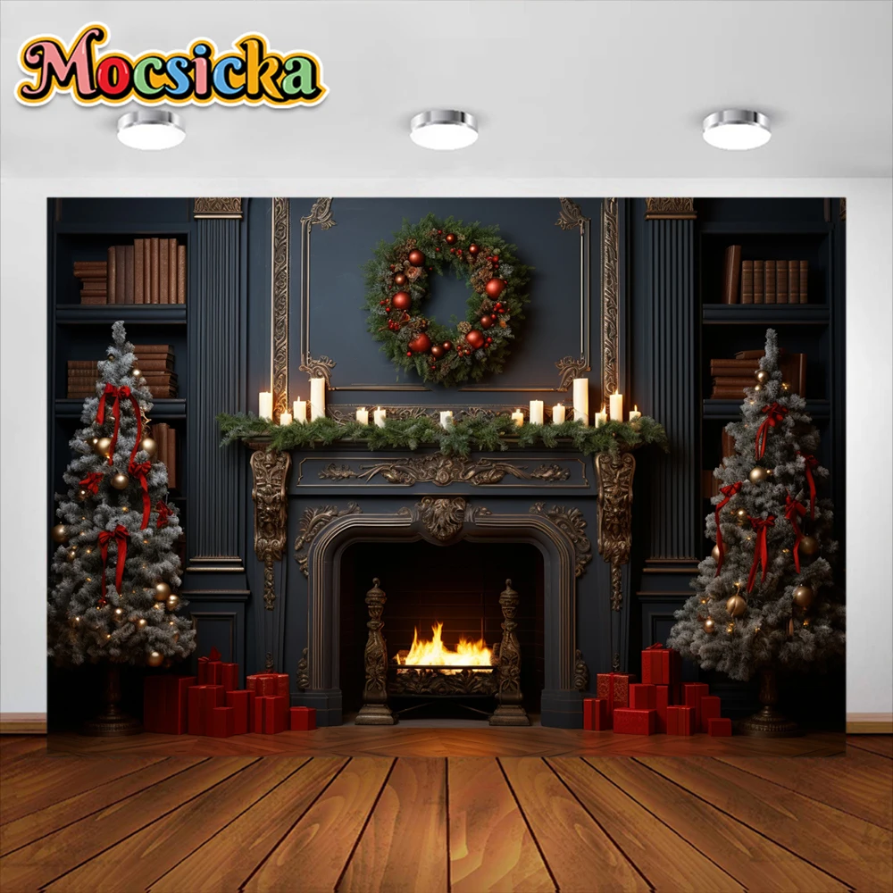 Mocsicka-Merry Christmas Lareira Backdrop, Xmas Tree, Janela, Floresta, Foto, Fotografia, Fundo, Family Party, Decoração Banner
