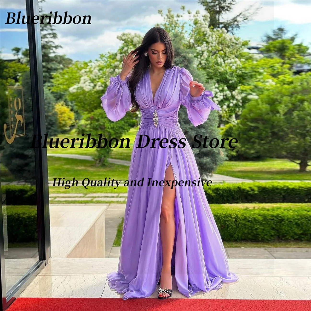 

Blueribbon V Neck Prom Dresses Crystals Sash Customized Special Occasion Dress Long Sleeves Ruched Side Slit Evening Party Gowns