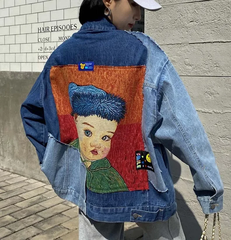 

Chic Spring and Autumn Bf Guochao Jacket Top Ins Loose Heavy Industry Tide Brand Contrasting Color Splicing Sticker Denim Jacket