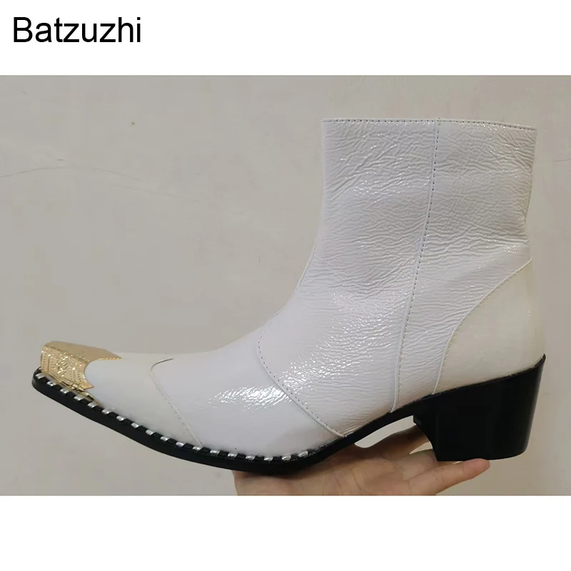 Batzuzhi 6.5cm High Heels New Design Men's Boots White Genuine Leather Ankle Boots Man Business, Party Boots Man Pointed Toe!