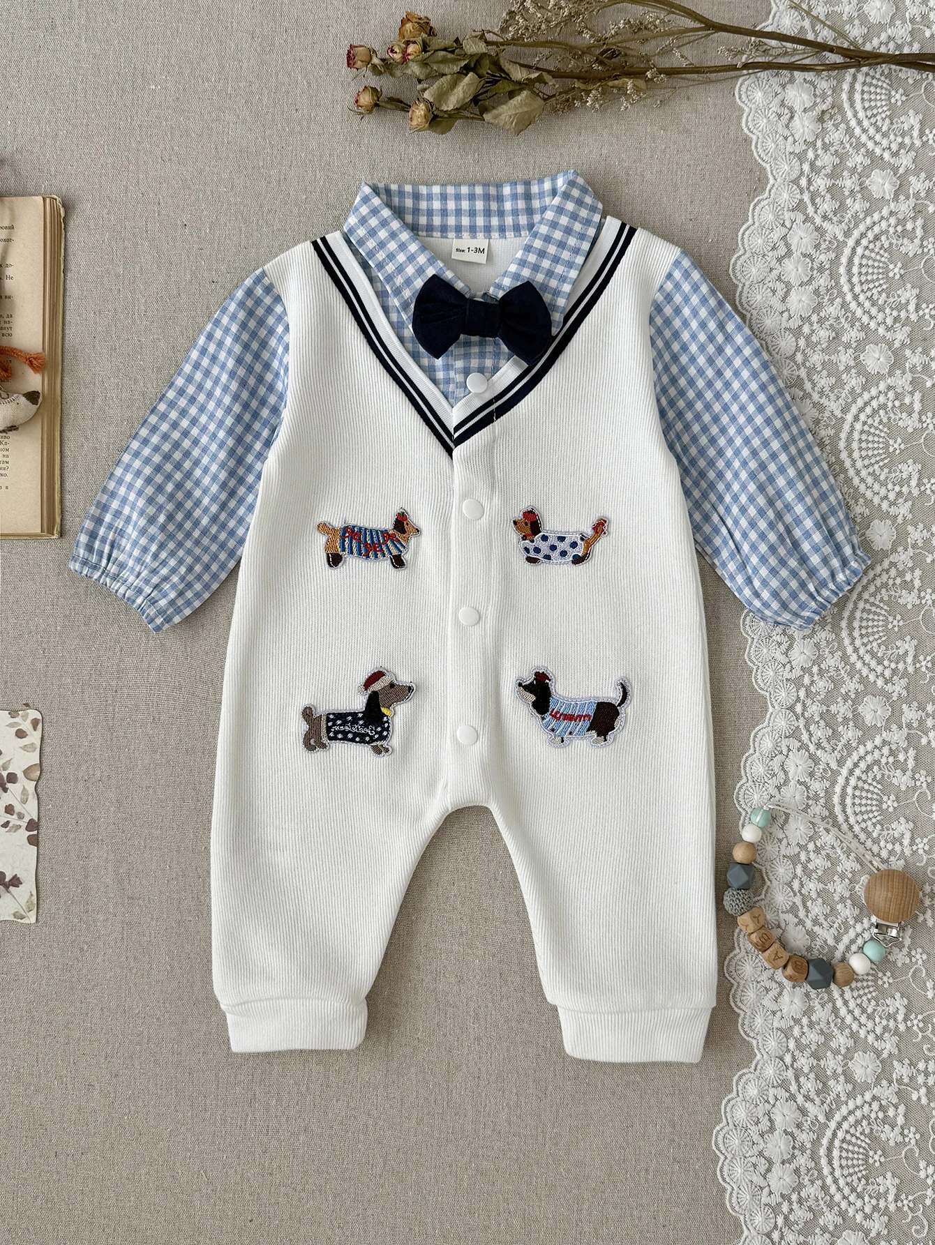 Spring Autumn Baby Fake Two Piece Dachshund Embroidery Romper, Boys Blue Plaid Lapel Button Birthday Formal Jumpsuit Outfit
