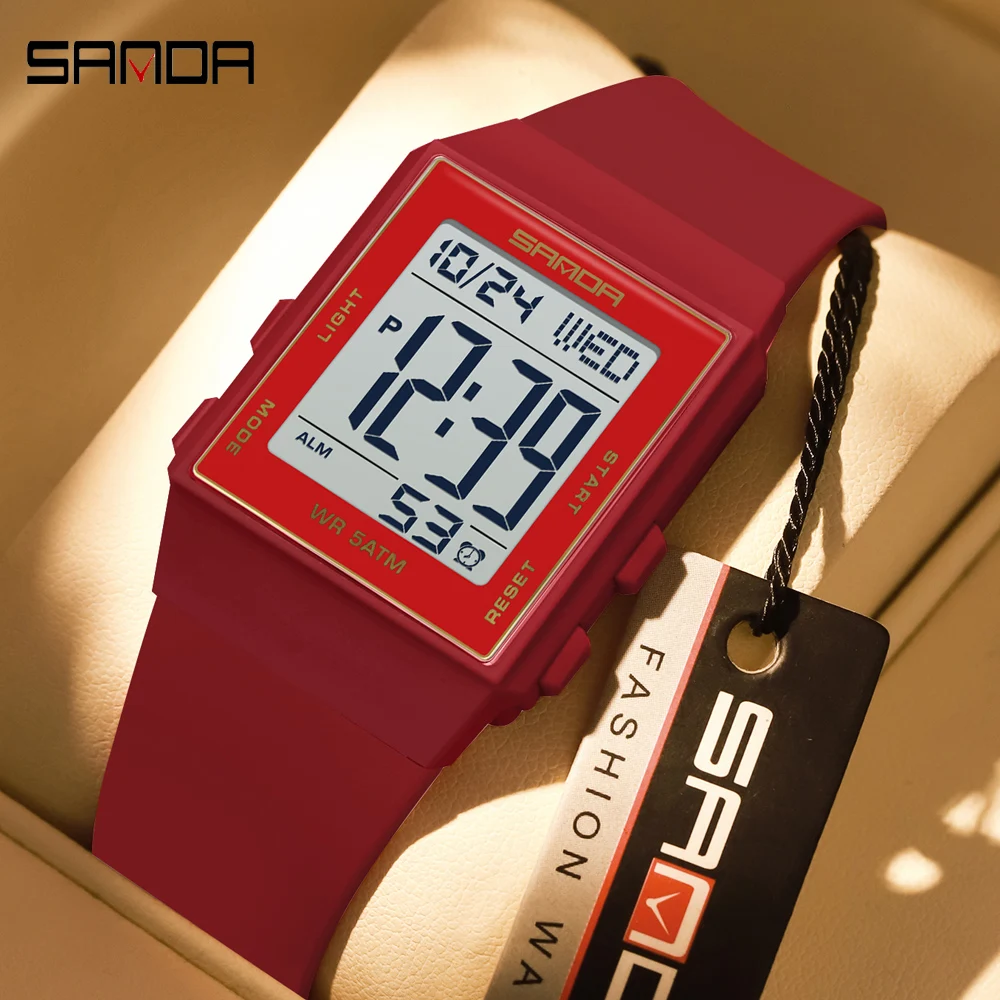 

Женские повседневные цифровые часы SANDA с LED-подсветкой, секундомером, будильником, отображением времени, водонепроницаемостью 3ATM, элегантные часы для женщин
