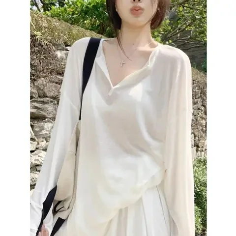 Lightweight Long Sve V-Ne f Open Women's Cover up irt Summer New Lazy Loose Sle Outdoor Travel Princ Sle T-S...