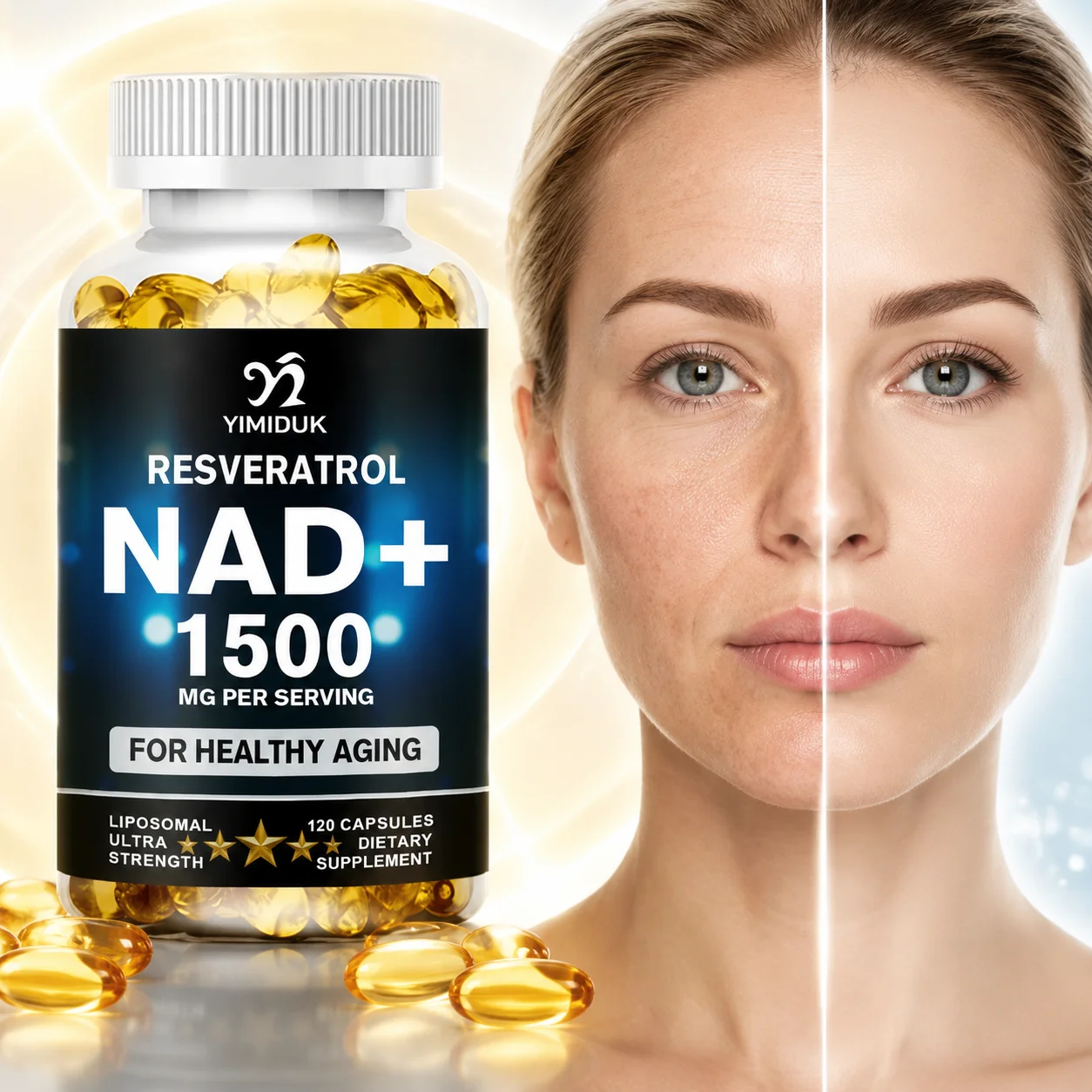 Liposomal NAD Supplement Capsules, with Resveratrol, Anti-aging, Energy, Focus Support, Promotes Cell and Skin Health