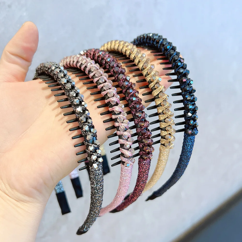 2-teiliges, fortschrittliches Kristall-Stirnband mit gezahnten Anti-Rutsch-Haarbändern, Zubehör, Vintage-Haarband, Reifen für Frauen und Mädchen – Detail 3