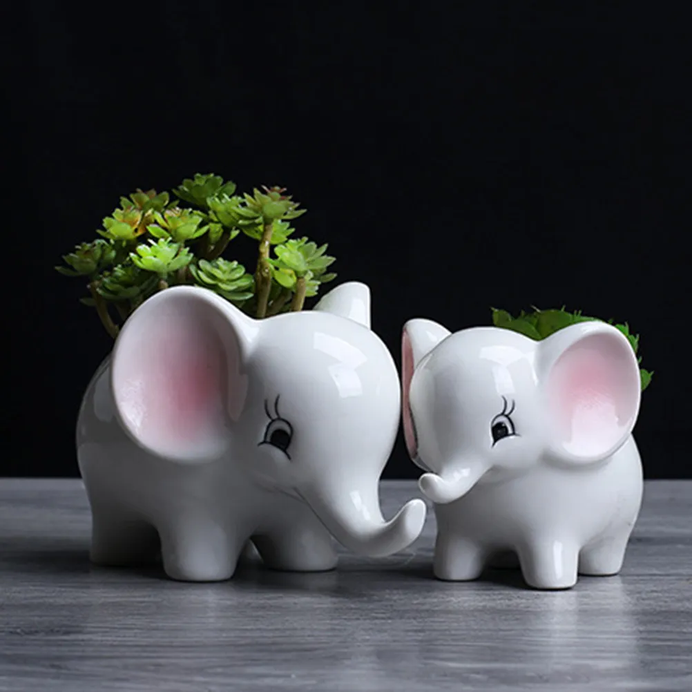 2Pcs Ceramic Elephant Decor Set Smooth Texture Sitting Cartoon Style Nature Inspired Tabletop Ornament for Bedroom Living Room
