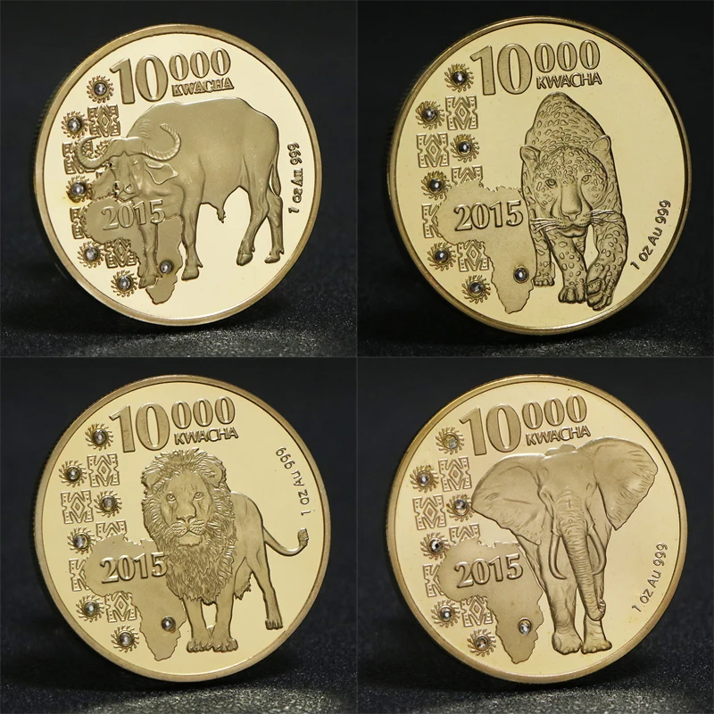 2015 Zambia Republic 1oz.999 Elephant Lion Buffalo 10000 Kwacha Gold Coins Africa Wild Life Animal Coin With Diamond Metal Gifts