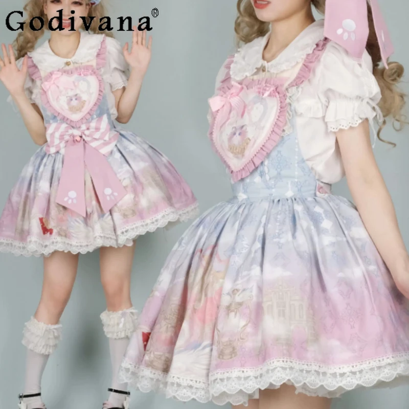 

Elegant Lolita Sweet Pink Slash Neck Print Princess Dress Fashion Girl High Waist Versatile Age Reduction A-line Ruffles Dresses