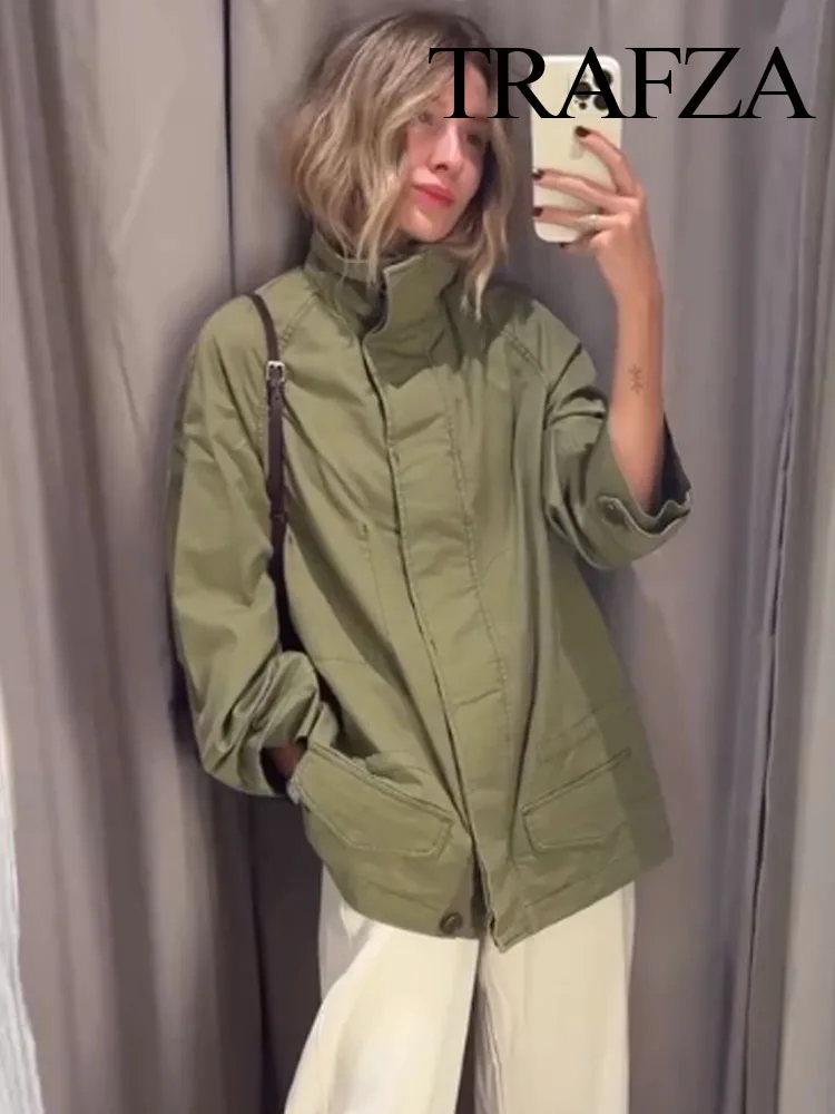 

HH Women Autumn Jacket Zipper Button Pocket Design Long Sleeves High Collar Casual Coat Female Chic Street Style Loose Coat