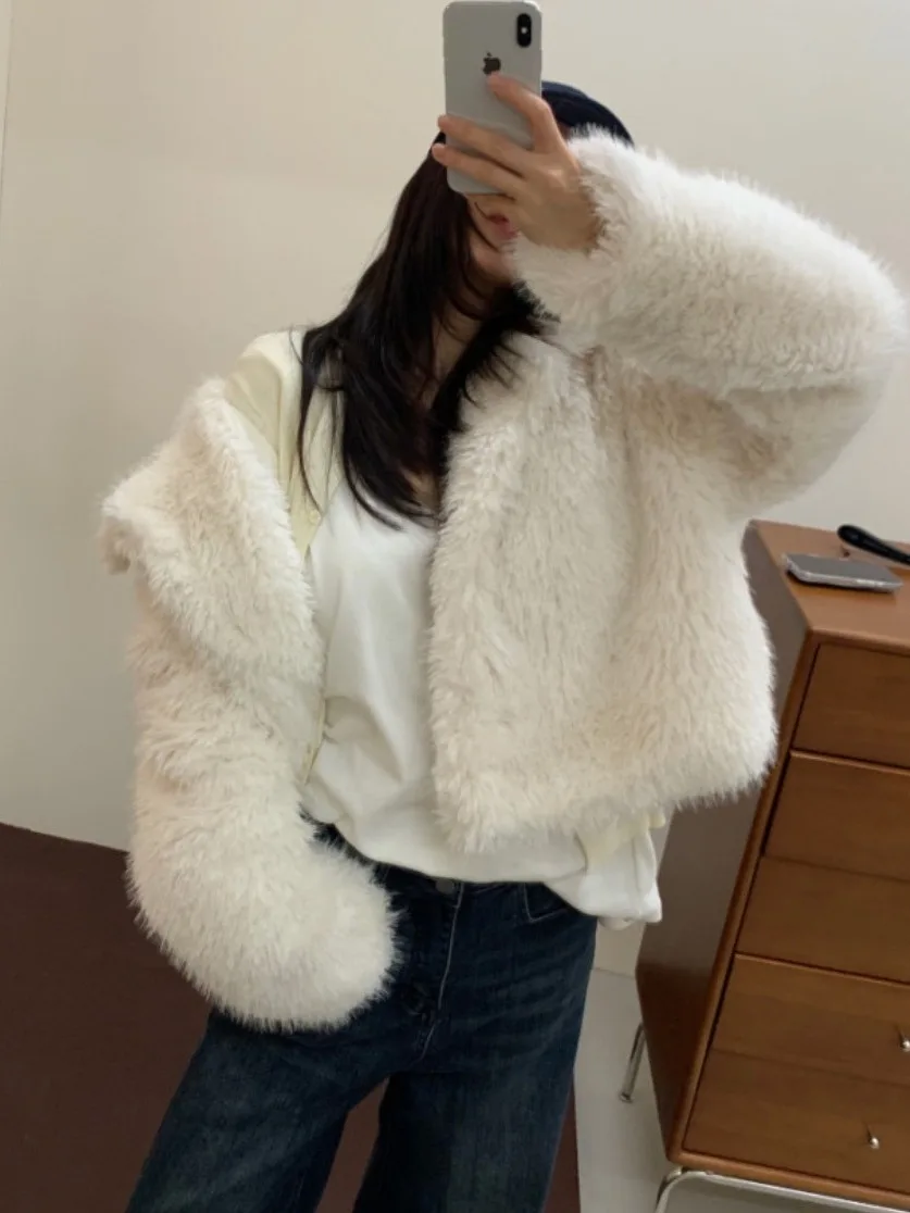 

Winter Chic Soft Milk Color Faux Wool Fur Coat Stand Collar Warm Women's Outerwear Faionable Polyester Fiber Stand Fit