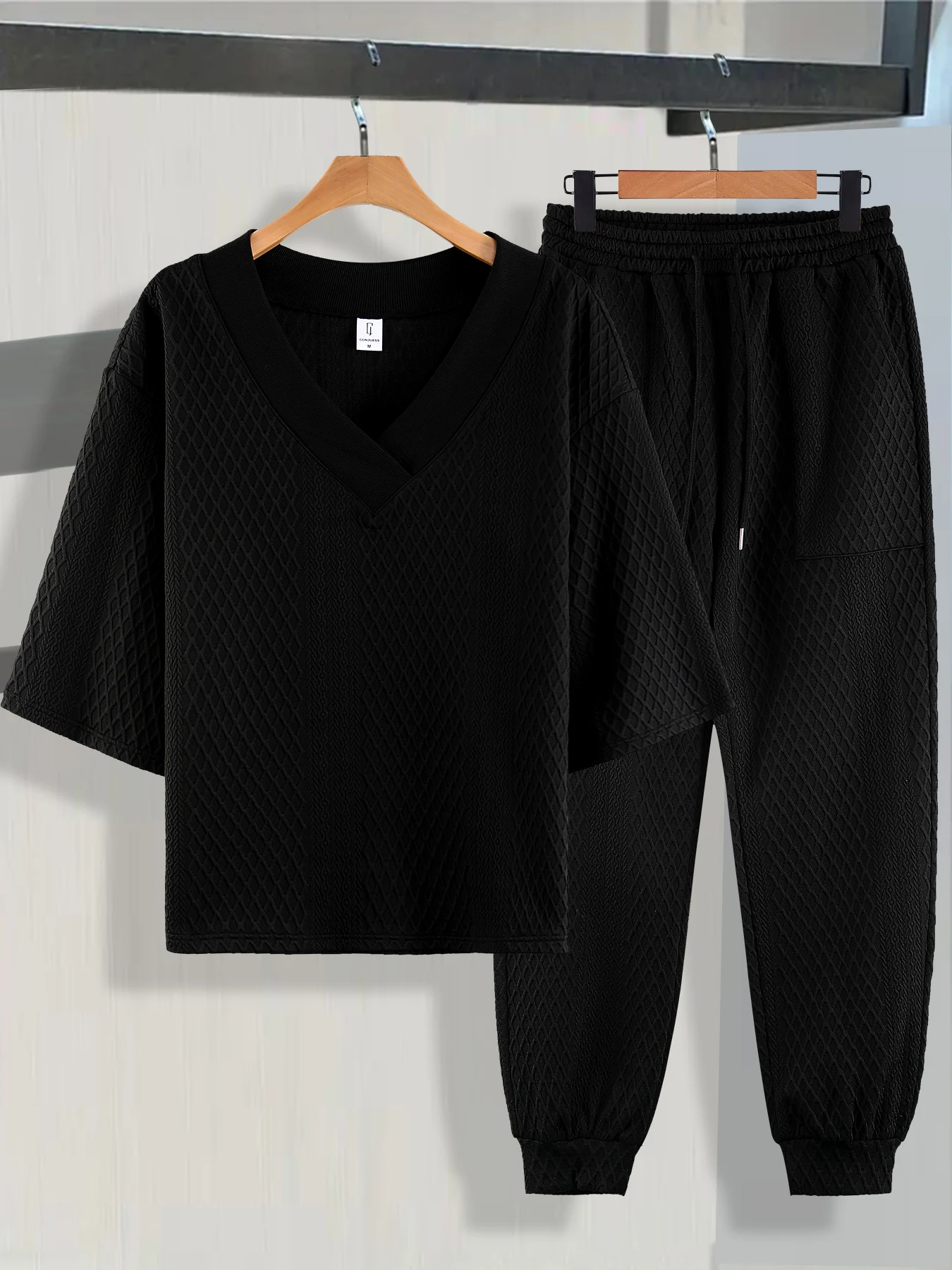 Men's V-Neck Short-Sleeved Jogger Pants Two-Piece Set, Diamond Texture Comfortable Casual Sports Suit, Black Versatile Summer Daily Men's Outfit Set view 2