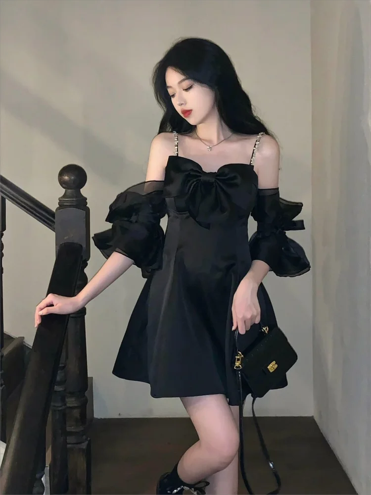 

Summer Dress Women Clothing Slim Temperament Robe Femme 2024 Off Shoulder Bow Sweet Tunic Solid Dresses