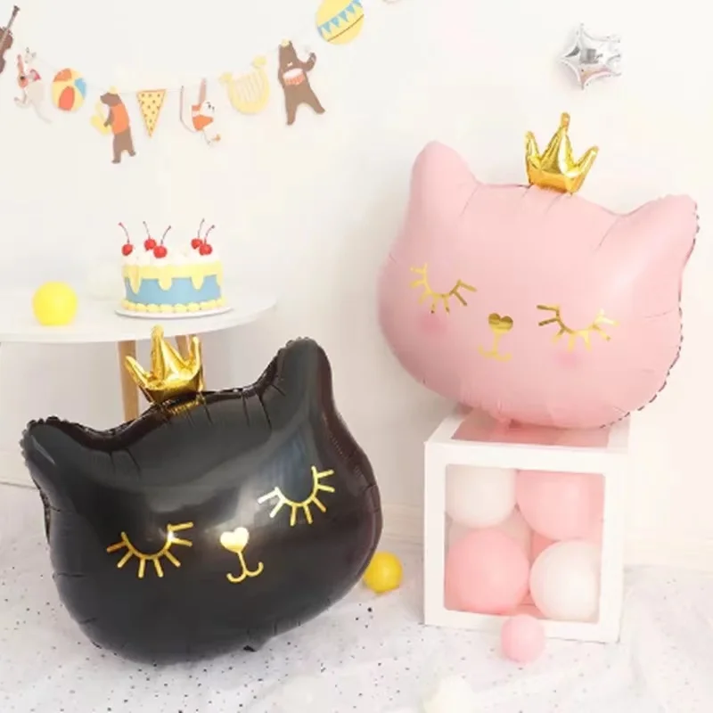 Cartoon Cat Head Balloon, Aluminum Film, Pink, Black, Crown, Baby Birthday Party Decoration