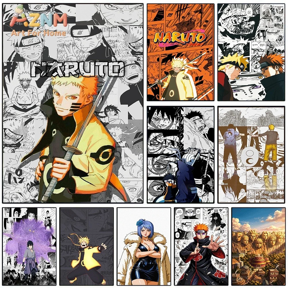 AZNM Naruto Uzumaki Six Paths Mode Sword Comic Collage Canvas Wall Print, Cool Anime Ninja Character Art Poster, Unframed Canv