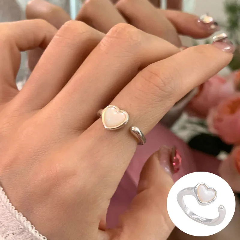 

100% 925 Sterling Silver Shell Love Heart Open Ring for Women Girl Simple Fashion Design Jewelry Party Gift Dropshipping