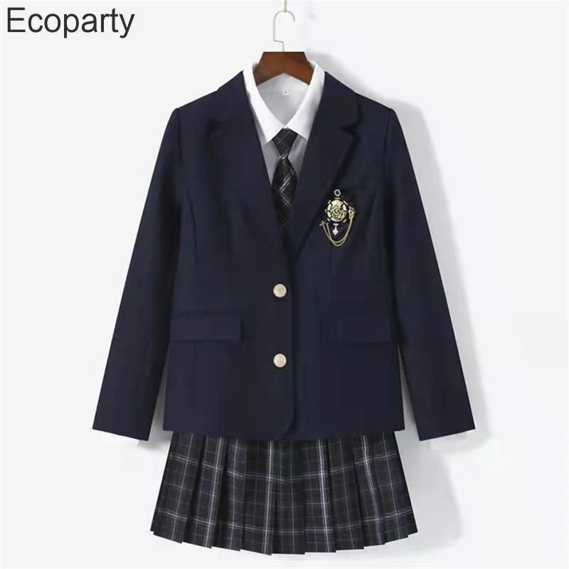 Women\'s Korean Fashion Jk School Uniform Coat Spring Autumn Black Lapel Long Sleeve Jackets With Badges College Style Costume