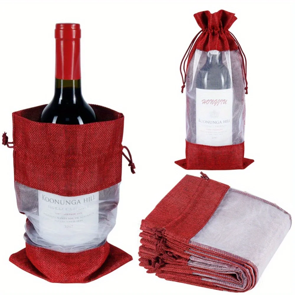 4pcs Wine Bottle Bags 750ml with Sheer Window Organza Hessian Drawstring Gift Bags for Wedding Festival Wine Tasting Party