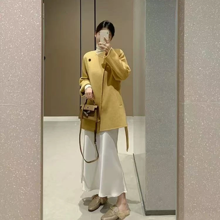 

Ele Waist-Cinching Single-Button Coat Women's Loose Commute Sle Winter Outerwear Korean Faion Polyester Fiber