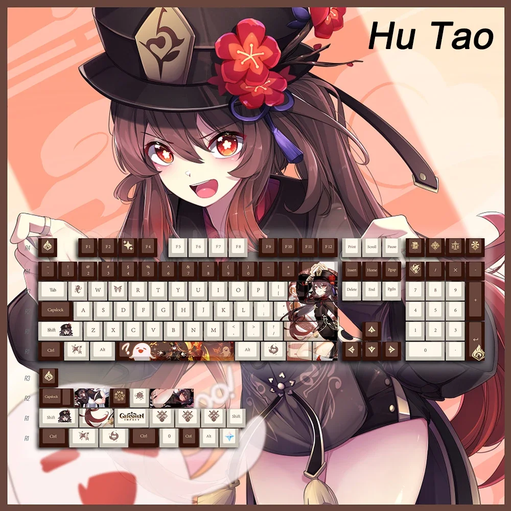 128 Tastenkappen für Genshin Impact und Honkai Impact 3, Cherry Anime Hu Tao Elysia PBT Cosplay Tastenkappen für MX-Schalter-Tastaturen – Detail 6
