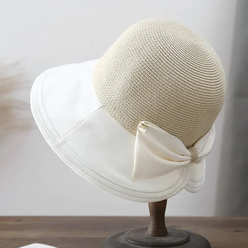 

2025 New! Stylish Women's Bowknot Straw Woven Fisherman Hat - Face - Slimming & Great for Outdoor Sun Protection