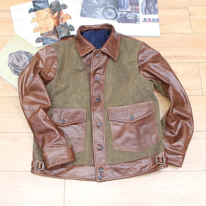 

YR!Free shipping.2024 Japan brand genuine leather jacket.classic casual Canvas stitching coat.brown vintage slim cowhide clothes