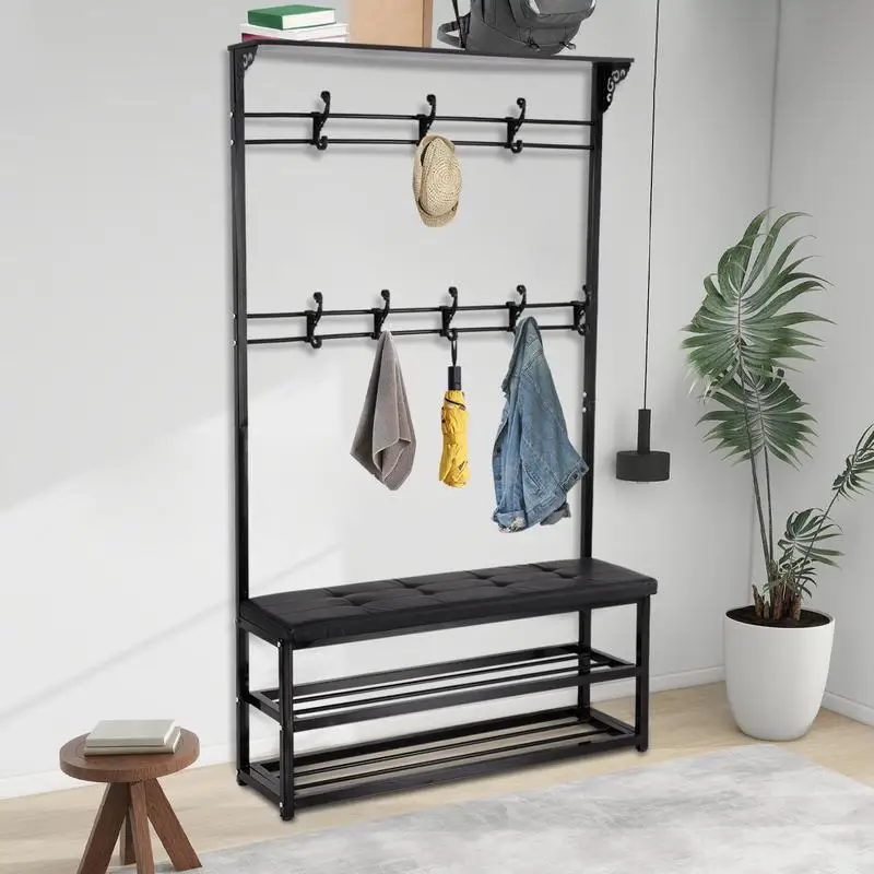 Shoe Coat Rack 4-in-1 Coat Hanger Rack Metal Coat Stand Storage Bench Multifunctional Entryway Organizer for Living Room