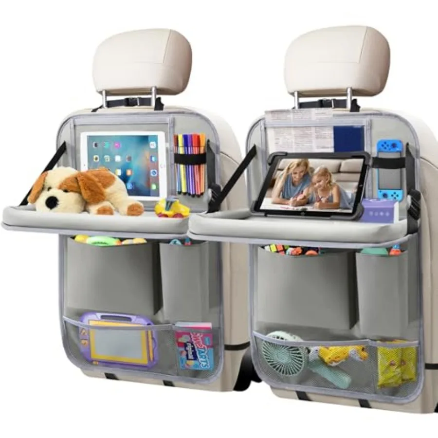 

Car Backseat Organizer with Tablet Holder, 6 Storage Pockets Foldable Table Food Tray Seat Back Protectors Kick Mats Travel Acc