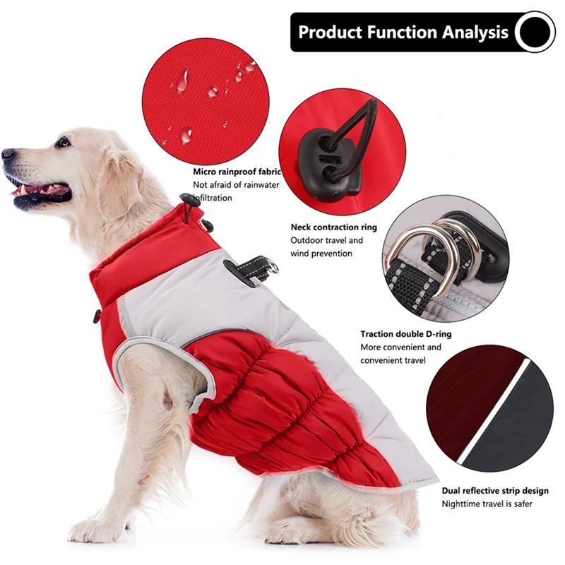 Large Dog Winter Cotton Clothes Waterproof Reflective Coats With Harness for Medium Large Dogs Golden Retriever Samoyed Labrador