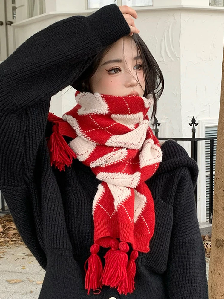 New Knitted Sweet Scarf Headscarf Winter Women Ladies Preppy Plaid Warm Scarve Pashmina Mujer Femme Foulard Christmas Wrap Shawl