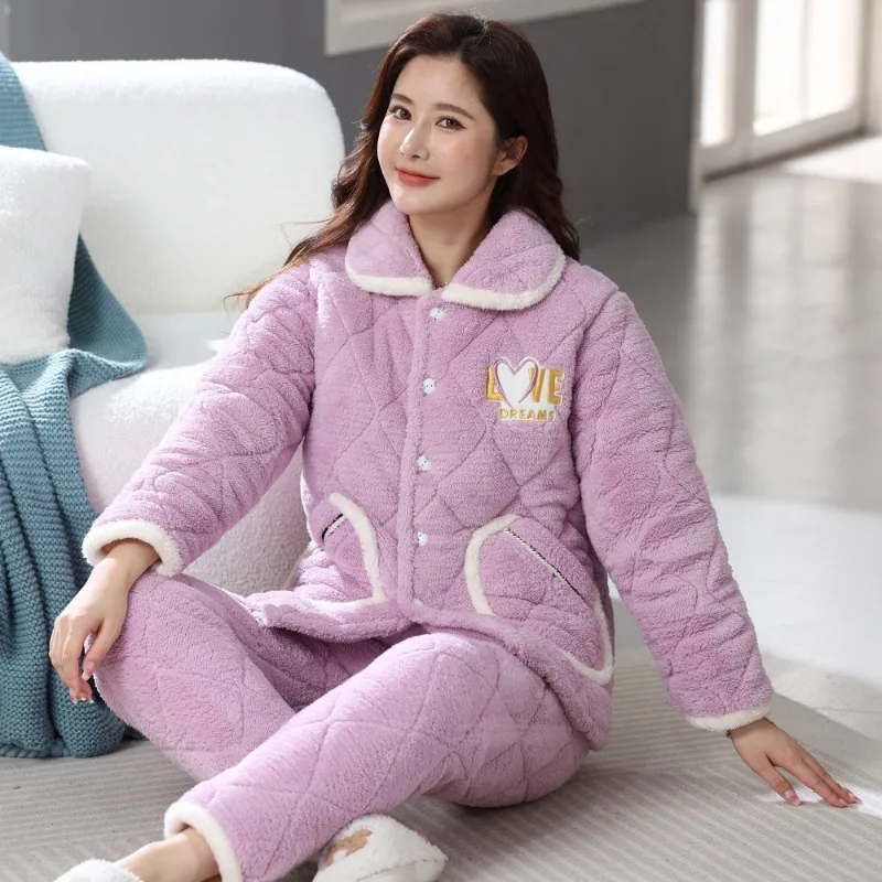 2024 New Fashion Design Women Winter Rice Fleece Sleepwear Girls Three-layer Homewear Padded Loungewear Set Pajama Famale Pijama