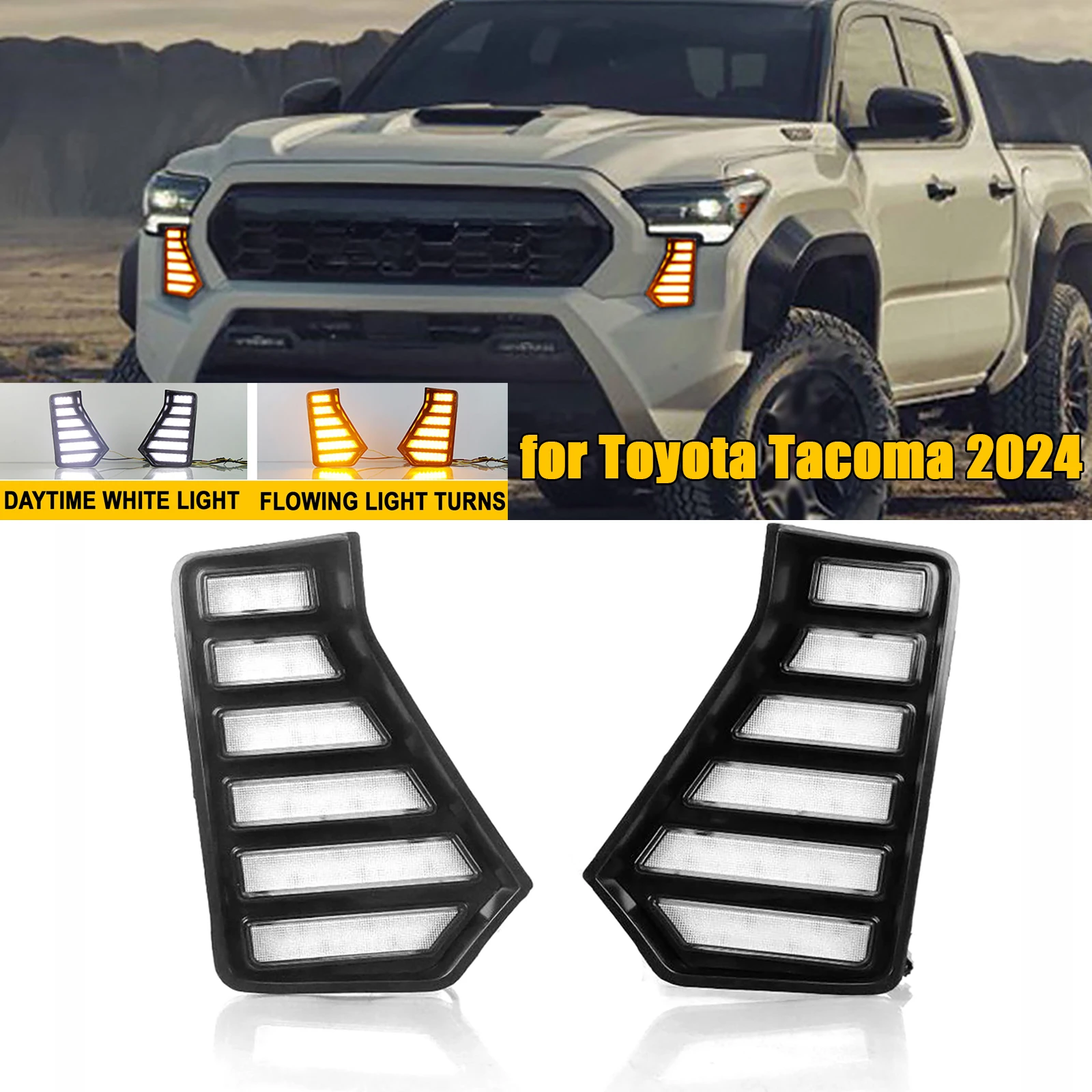 

2pcs Car Daytime Running Lights Grille Air Intake Cover DRL Flowingt Turn Signals Lamps for Toyota Tacoma 2024