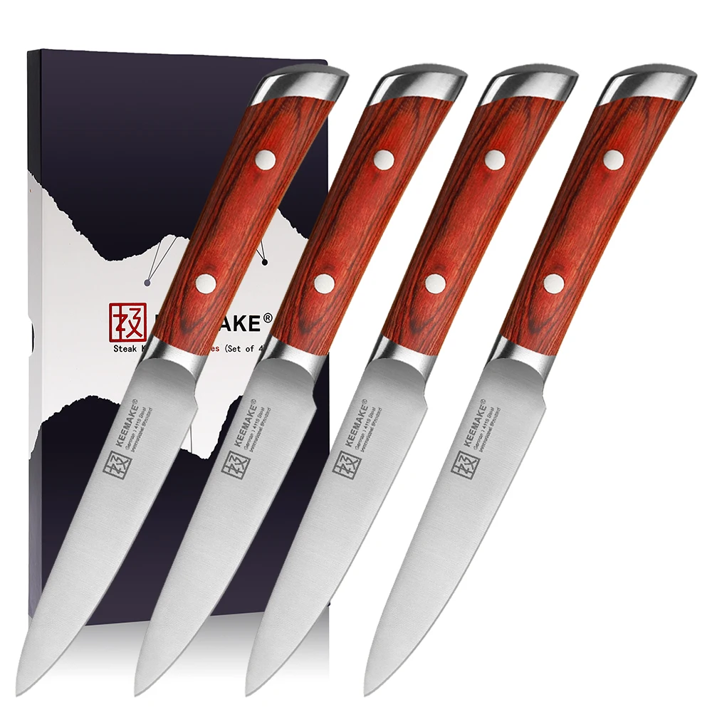 KEEMAKE 4PCS Utility Steak Knives Set Stainless Steel Table Meat Cutting Knife Tableware Cutlery Slicing Tools Pakkawood Handle