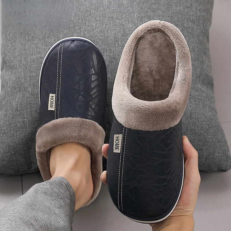 Winter Home Slippers for Men Memory Foam Massage House Slippers with Fur PU Leather Waterproof Indoor Male Slipper Plus Size 51