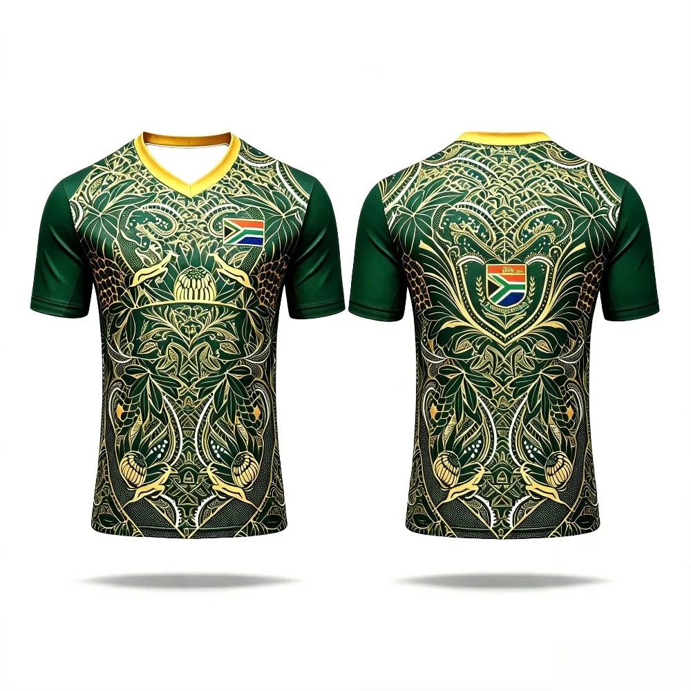 Green Gold Ethnic Floral Geometric Print Men T‑Shirt V‑Neck Short Sleeve Outdoor Sports Casual Workout Tees