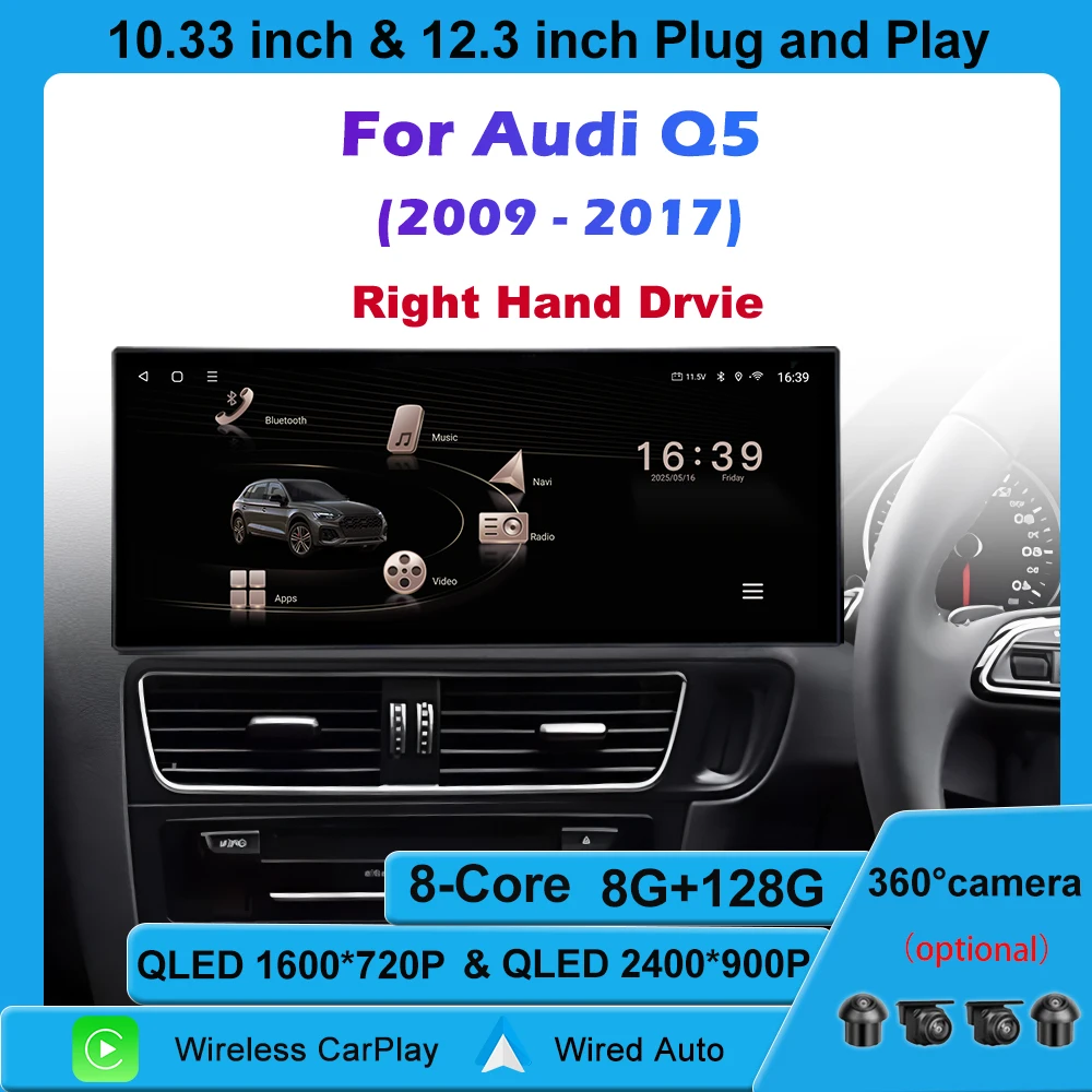 

Android 14 для правой руки Drvie Audi Q5 2009-2017 Беспроводной мультимедийный дисплей CarPlay с сенсорным экраном, головное устройство 4G WIFI GPS DVR DPS