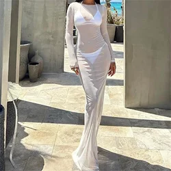 Yiiciovy Summer Mesh Sheer Long Bikini Cover Ups for Women See Through Long Sleeve Beach Maxi Dresses Bathing Suits Beach Wear