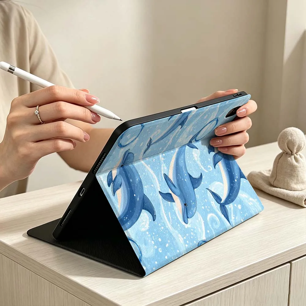 Dolphin Starfish Conch Pattern For iPad Pro Air mini 7 6 5 4 3 2 1 M5 M4 M3 11th 10th A17 Pro A16 A14 Soft Pen Tray Tablet Case