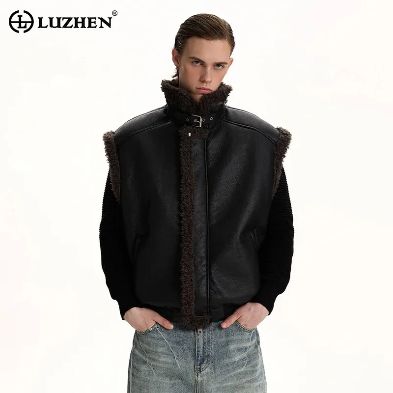 

LUZHEN 2025 Winter New Original Brushed Lamb Wool Splicing Sleeveless Vest Padded Coat Men's Fashion Handsome Waistcoat JY5641
