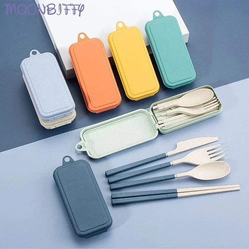 

4pcs Wheat Straw Dinnerware Set Portable Tableware Knife Fork Spoon Chopsticks Set Travel Cutlery Set Eco-Friendly Utensil Box