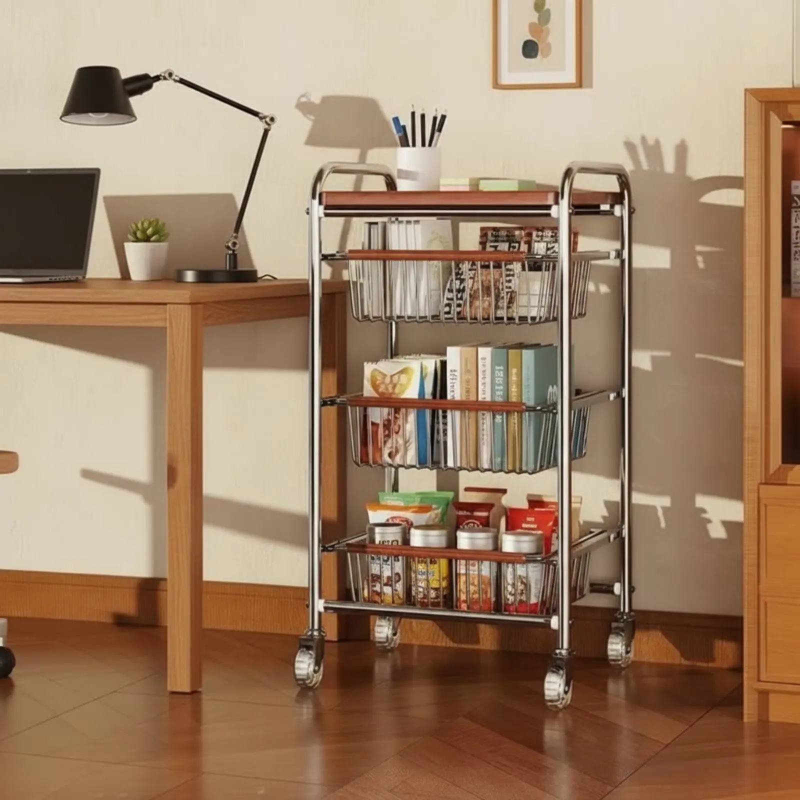 

Multi-Tier Rolling Cart Space Saving Slim Storage Trolley with Wheels Metal Wire Basket Cart Vintage Aesthetic for Balcony