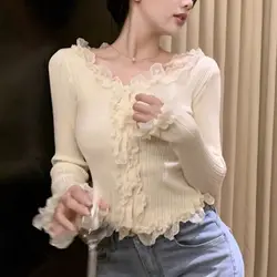 Sexy French Style Cardigan Unique and Unique Sweet Spicy Girl Knitting 2024 Autumn and Winter New Short Lace Splicing Sweater