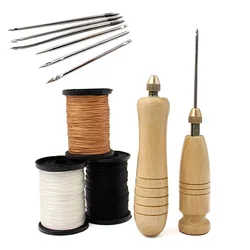 1Set DIY Leather Sewing Awl Needle With Wood Handle Set Leather Canvas Tent Shoes Repairing Tool Nylon Thread Leather Sewing Kit